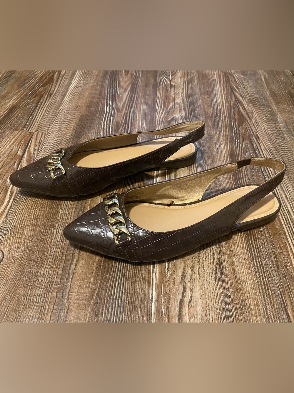Brown Pointed-Toe Slingback Flats with Gold Chain Accent